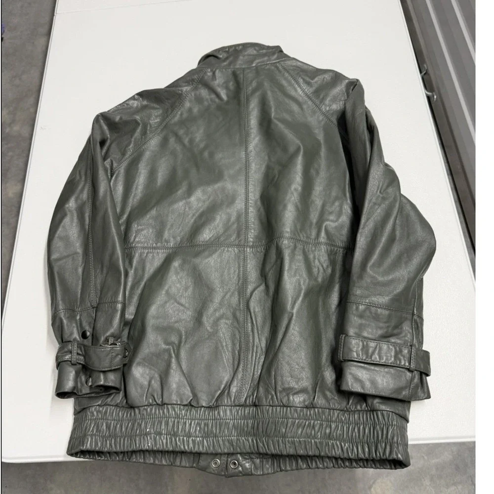 Vintage‎ Olive Green Leather Bomber Jacket Brown Trim Full Zip Mens XL
